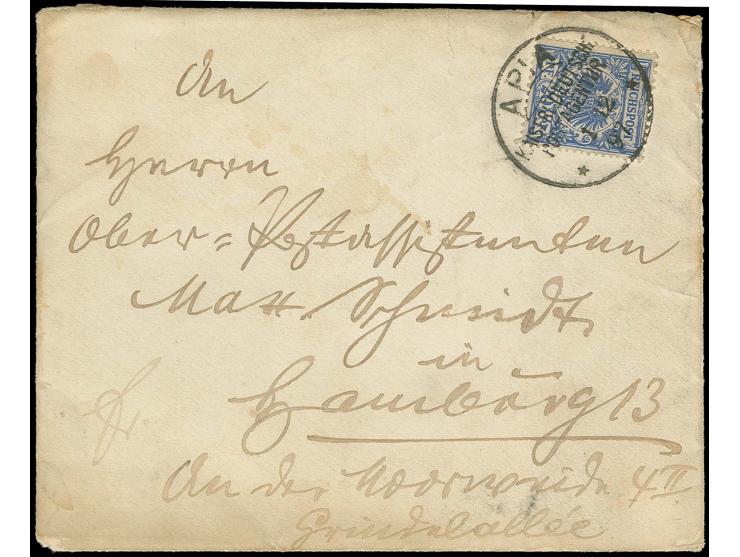 20 Pfg. violettultramarin mit Stempel "APIA 1 12 97" auf Konsulatsbrief mit gedruckter Klappenanschrift "Kaiserlich Deutsches