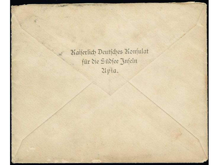 20 Pfg. violettultramarin mit Stempel "APIA 1 12 97" auf Konsulatsbrief mit gedruckter Klappenanschrift "Kaiserlich Deutsches