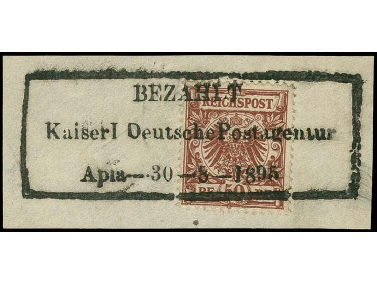 50 Pfg. lilabraun mit Ra3 "BEZAHLT Kaiserl. Deutsche Postagentur Apia 30-8-1895" auf Briefstück, Kabinett, sign. Drahn und Fo
