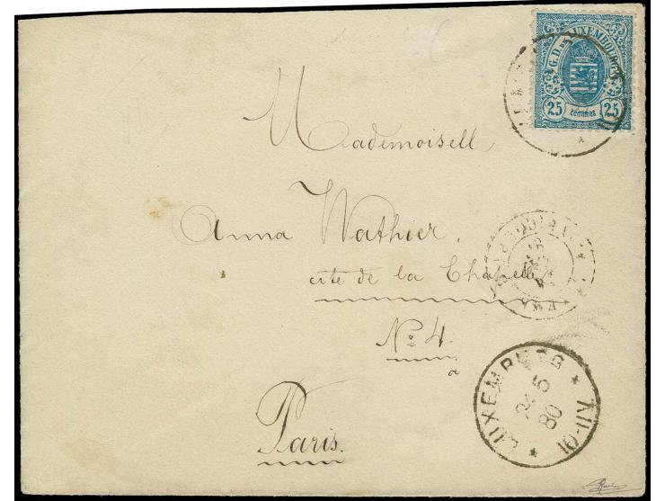 25 c. blue, tied by cds. "LUXEMBURG 24 5 80" to cover to Paris with transit and arrival marks, fine, signed Goebel and F.S.P.