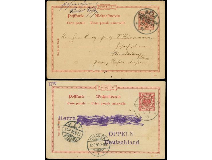 Ganzsachenkarte 10 Pfg. mit Stempel "APIA KAISERL.DEUTSCHE POSTAGENTUR ** 27.1.97" bedarfsgebraucht mit Datierung "Matapoo, I
