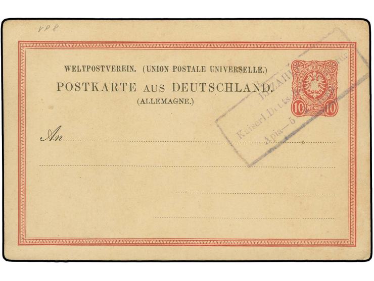 Ganzsachenkarte 10 Pfg. rot mit Ra3 "BEZAHLT Kaiserl. Deutsche Postagentur Apia 5-2-1889", blanko, Pracht, Fotoattest Dr. Ste