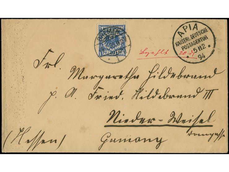 BARFREIMACHUNG: "Bezahlt 20 pfg" handschriftlich in rot mit nebengesetztem Stempel "APIA KAISERL. DEUTSCHE POSTAGENTUR 5/12 9