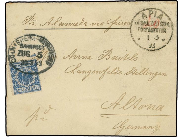 BARFREIMACHUNG: "20" handschriftlich in rot mit nebengesetztem Stempel "APIA KAISERL. DEUTSCHE POSTAGENTUR 1/3.93" auf Brievo