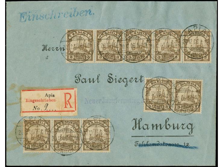 3 Pfg., 10 Stück in Einheiten je mit Stempel "APIA 20.12.06" auf R-Brief mit Aushilfszettel (Einfeld Type 9) nach Hamburg mit