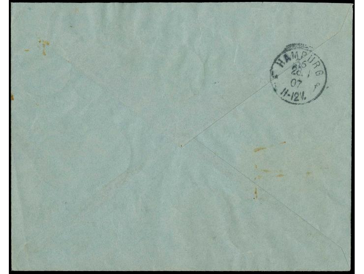 3 Pfg., 10 Stück in Einheiten je mit Stempel "APIA 20.12.06" auf R-Brief mit Aushilfszettel (Einfeld Type 9) nach Hamburg mit