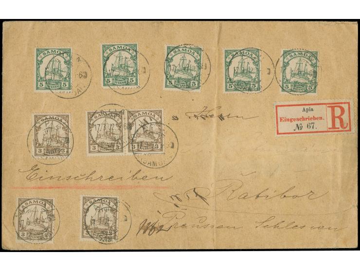 3 und 5 Pfg., je 5 Stück mit Stempel "APIA 17.3.02", mit ausgeblocktem  V-N, auf R-Brief nach Ratibor, einmal senkrecht gefal
