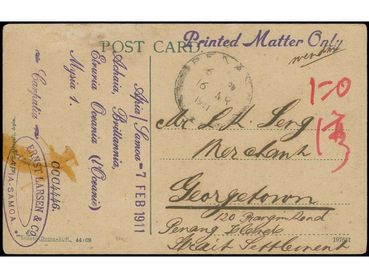 5 Pfg. mit Stempel "APIA 8.2.11" rückseitig auf Drucksachenkarte nach Georgetown/Penang Strait Settlement, etwas fleckig und 
