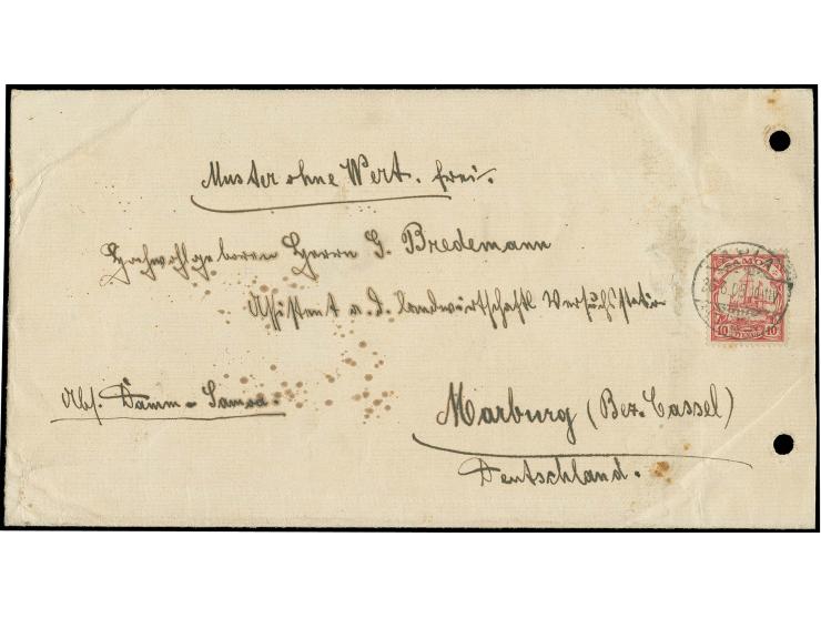 10 Pfg. mit Stempel "APIA 26.6.05" auf großformatigem Leinenbrief "Muster ohne Wert" nach Marbug an die Landwirtschaftliche V