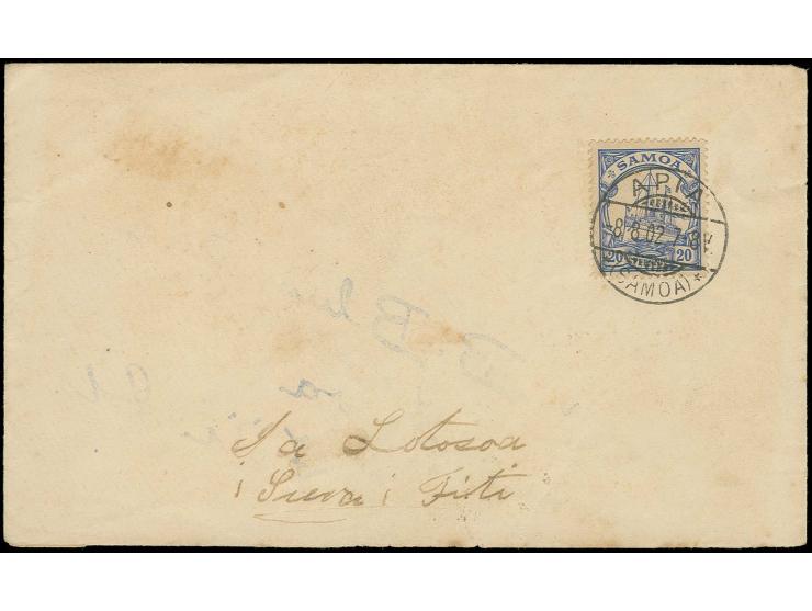 20 Pfg. mit Stempel "APIA -8.8.02" auf Brief nach den Fidschi-Inseln an eine Eingeborenen-Adresse, etwas fleckig und Teil der