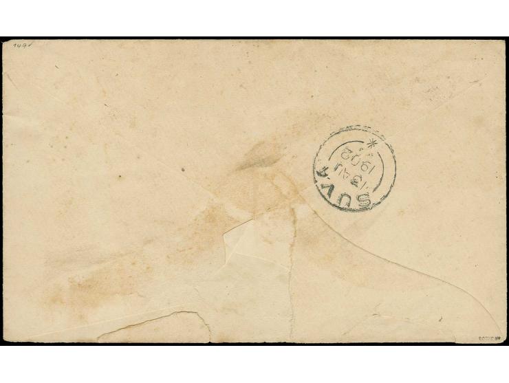 20 Pfg. mit Stempel "APIA -8.8.02" auf Brief nach den Fidschi-Inseln an eine Eingeborenen-Adresse, etwas fleckig und Teil der