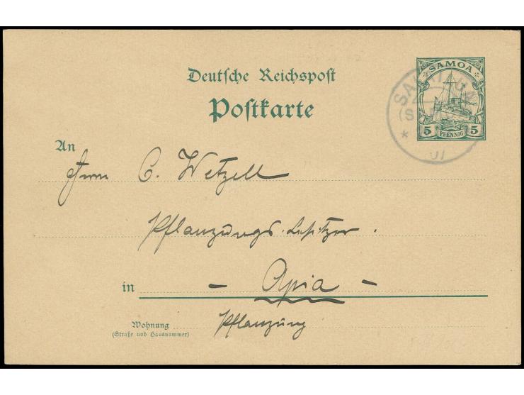 Ganzsachenkarte 5 Pfg. mit Stempel "SALAILUA 26/12 07" nach Apia, gute Erhaltung