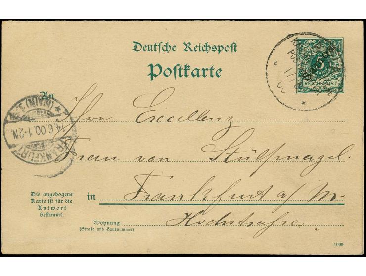 Doppel-Ganzsachenkarte 5 Pfg. mit Stempel "APIA KAISERL.DEUTSCHE POSTAGENTUR ** 17.5.00" mit Text nach Frankfurt mit Ankunfts