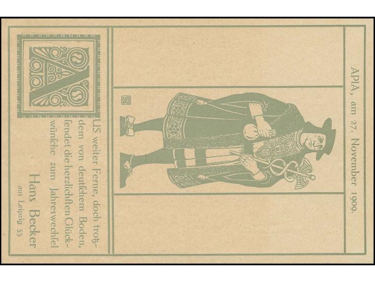 "Glückwünsche zum Jahreswechsel, Hans Becker, mit Abbildung eines Kaufmanns" als rückseitiger Zudruck auf Ganzsachenkarte 5 P