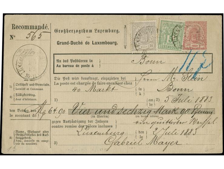 10 c. grey and 1882/99, 5 c. green tied by Luxemburg cds. to postal order envelope 30 c. red to Bonn with arrival mark on rev