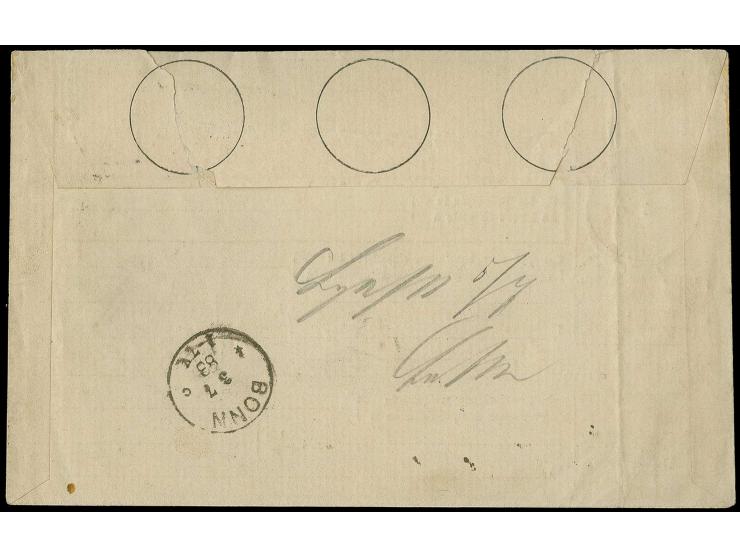 10 c. grey and 1882/99, 5 c. green tied by Luxemburg cds. to postal order envelope 30 c. red to Bonn with arrival mark on rev