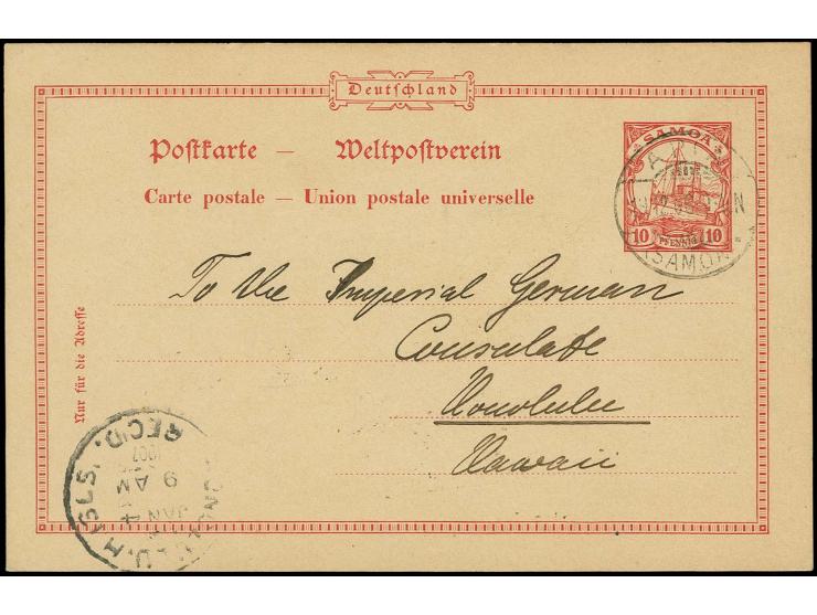 Ganzsachenkarte 10 Pfg. mit Stempel "APIA 19.12.06" bedarfsgebraucht mit viel Text an das Deutsche Consulat in Honolulu, Hawa