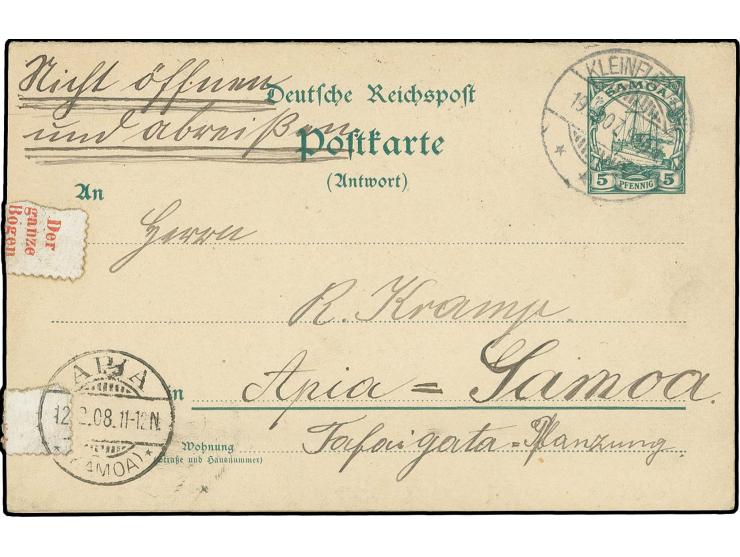 1901, Doppelkarte 5+5 Pfg. von "APIA 10.07.10" mit mehrzeiligem Text nach Nienstedten bei Altona und zusammenhängend wiederum