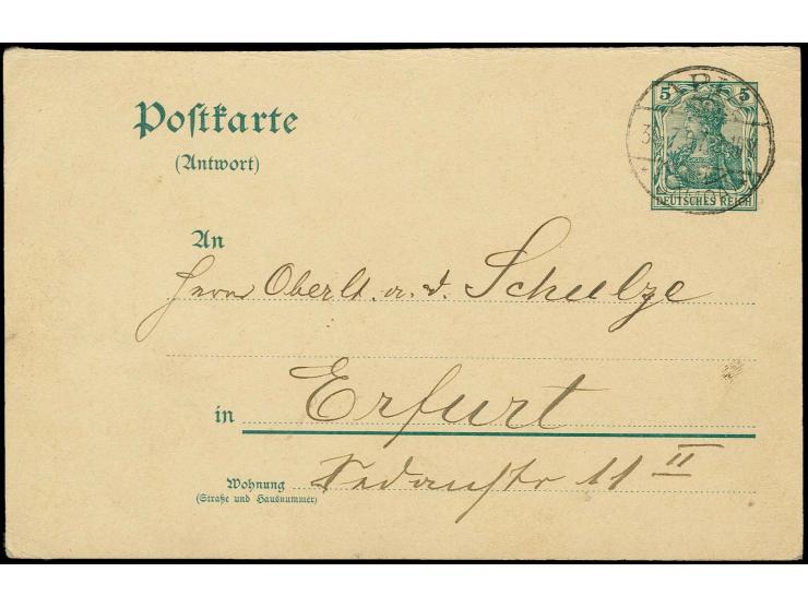 Deutsches Reich Antwortkarte 5 Pfg. bedarfsgebraucht von "APIA 30.7.07" mit viel Text nach Erfurt, Pracht