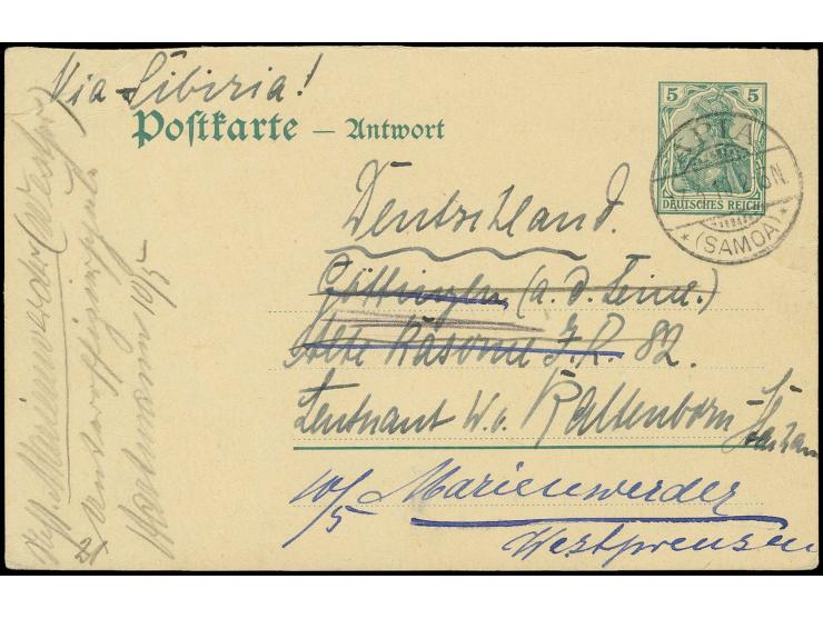 Deutsches Reich Antwortkarte mit Stempel "APIA 17.3.10" und rückseitigem Absender-L1 "Kaiserlich Deutsches Postamt" sowie umf