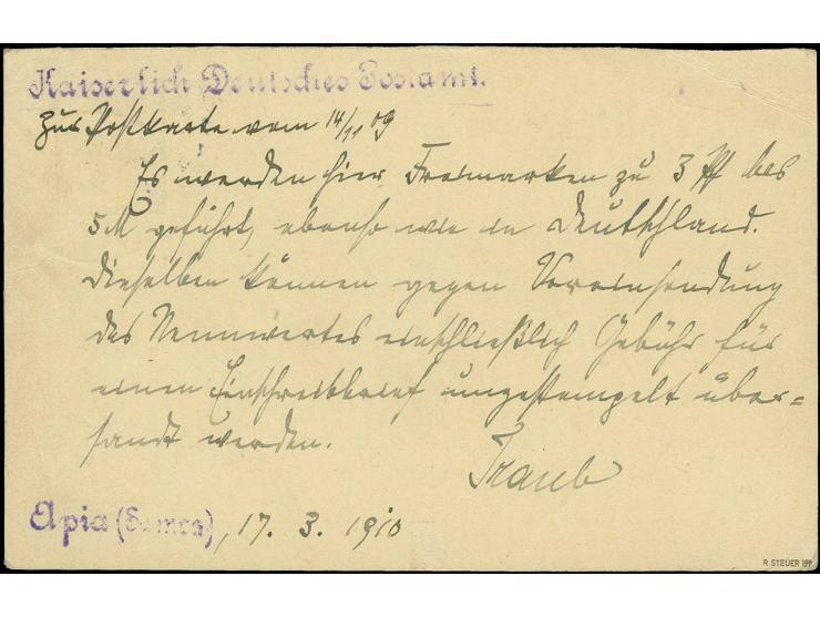 Deutsches Reich Antwortkarte mit Stempel "APIA 17.3.10" und rückseitigem Absender-L1 "Kaiserlich Deutsches Postamt" sowie umf