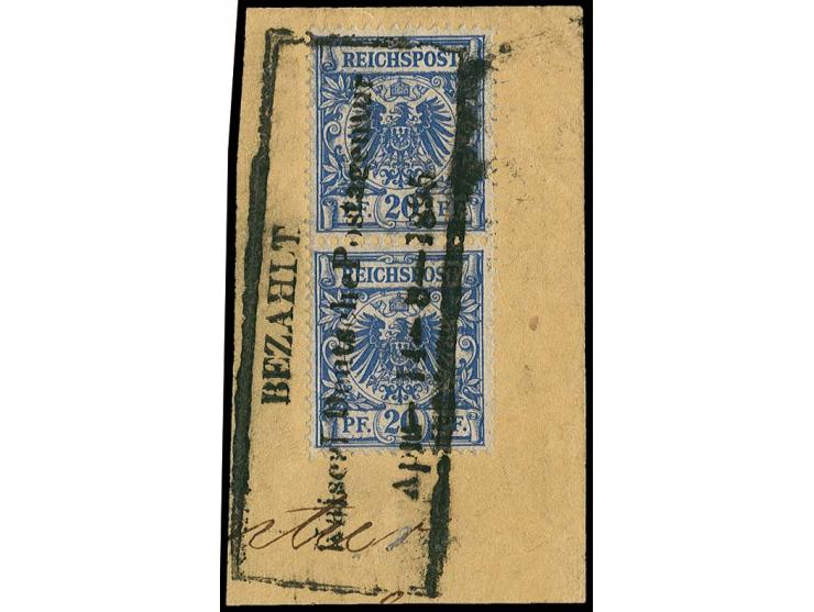 "BEZAHLT Kaiserl. Deutsche Postagentur Apia 11-8-1895", Ra3 klar als Entwerter auf Briefstück mit senkrechten Paar Krone/Adle