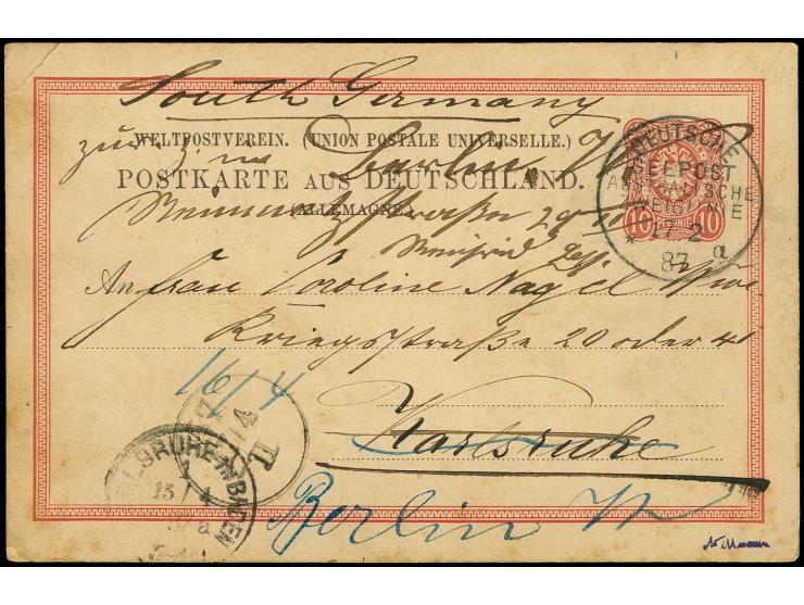 "DSP AUSTRALISCHE ZWEIGLINIE a 17.2.87" (D. Lübeck), sehr klar als Entwerter auf Deutsches Reich Ganzsachenkarte 10 Pfg. mit 