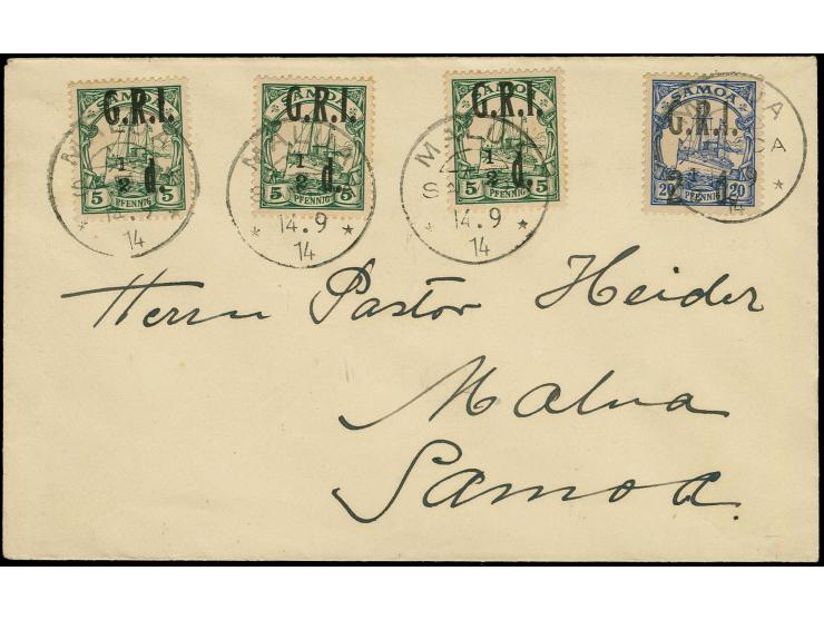 "MALUA SAMOA 14.9.14" alter deutscher Stempel auf 2 1/2 d. auf 20 Pfg. und 1/2 d. auf 5 Pfg auf überfrankiertem Ortsbrief, Pr