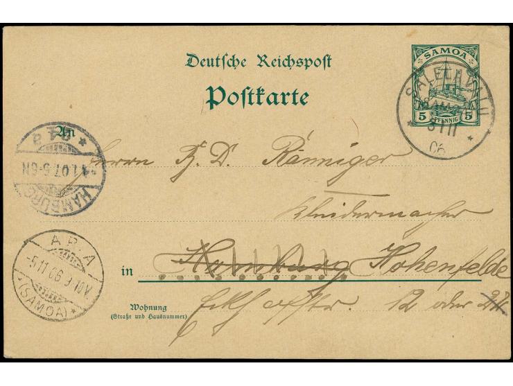 "SALELAVALU  3.11.06", klar auf bedarfsgebrauchter Ganzsachenkarte 5 Pfg. via Apia nach Hamburg mit Ankunftsstempel und Nachs