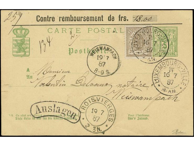 20 c. greyish-brown, tied by cds. "LUXEMBOURG-VILLE 16 7 87" to postcard 5 c. with private print on front and reverse as cash
