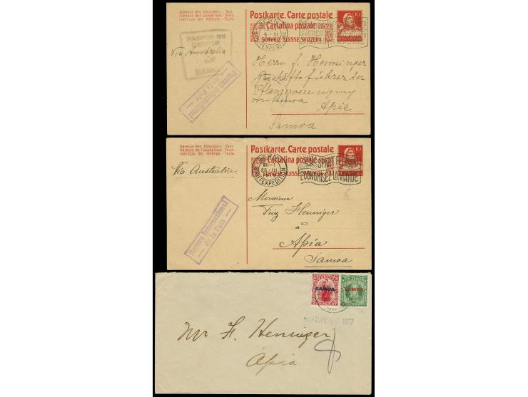 1919, zwei schweizer Ganzsachenkarten über das Rote Kreuz-Büro an Fritz Henninger in Apia, einmal mit Zensur-Ra4 "PASSED BY C