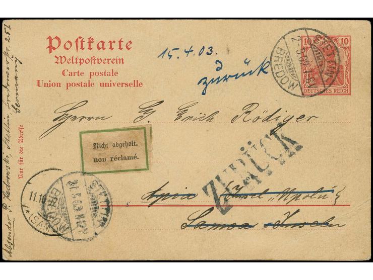 DEUTSCHES REICH: 1902, Ganzsachenkarte 10 Pfg. bedarfsgebraucht von "STETTIN-BEEDOW 2.9." nach Apia (Insel "Upolu") mit Ankun