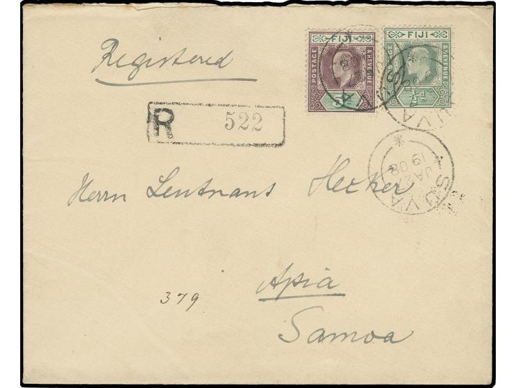 FIJI: 1903, Edward VII. ½ P. grün und 5 P. lila/grün mit Stempel "SUVA JA 27 1908" auf R-Brief nach Apia mit Ankunftsstempel,