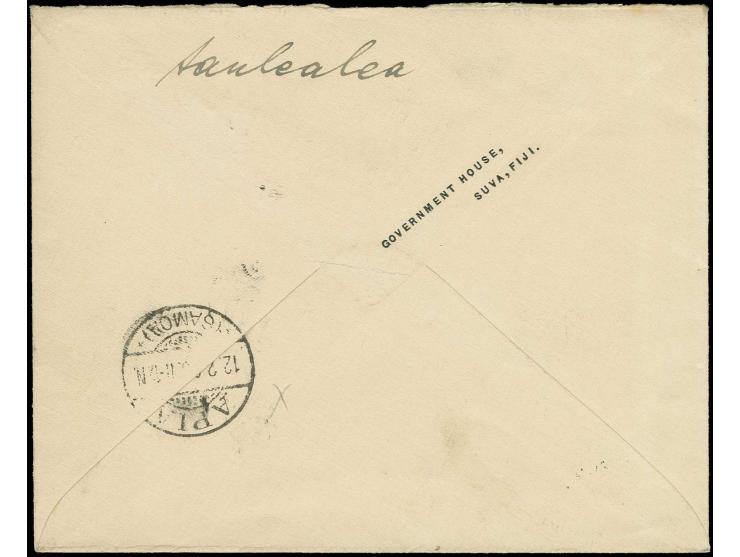 FIJI: 1903, Edward VII. ½ P. grün und 5 P. lila/grün mit Stempel "SUVA JA 27 1908" auf R-Brief nach Apia mit Ankunftsstempel,