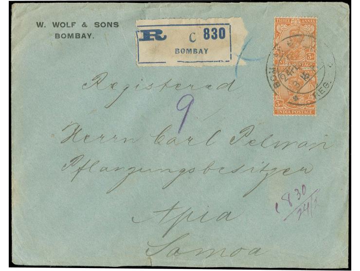 INDIEN: 1911, Georg V. 3 A. orangebraun, zwei Werte mit Stempel "BOMBAY 24 FEB 14" auf R-Brief an einen Pflanzungsbesitzer in