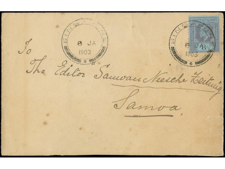 MALAIISCHE STAATEN: Edward VII. 8 C. lila auf hellblau mit Stempel "SINGAPORE 8 JA 1903" auf Brief an den Redakteuer der Samo