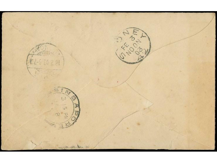 MALAIISCHE STAATEN: Edward VII. 8 C. lila auf hellblau mit Stempel "SINGAPORE 8 JA 1903" auf Brief an den Redakteuer der Samo