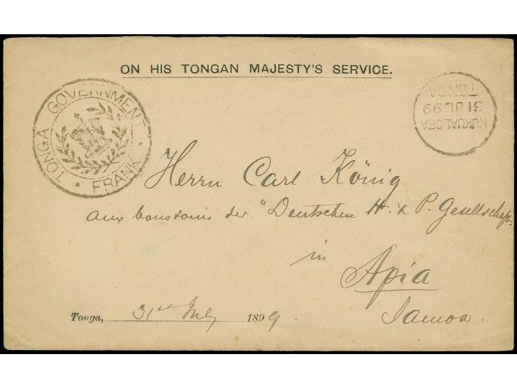 TONGA: 1899, Vordruck-Dienstbrief von "NUKUALOFA TONGA 31.JL.99" mit Briefstempel "TONGA GOVERNMENT FRANK" nach Apia, Pracht