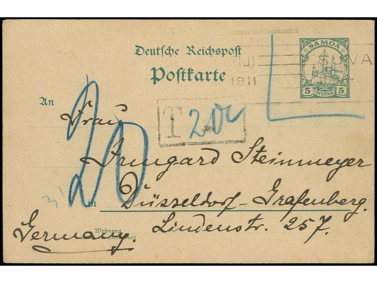 "FIJI SUVA  11 APR 1911" Maschinenstempel auf Ganzsachenkarte 5 Pfg. nach Düsseldorf, mit 20 C. nachtaxiert, gute Erhaltung