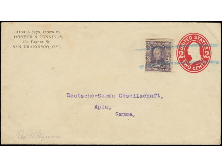 USA, 1903 Präsidenten 3 C. als Zufrankatur mit Blaustiftentwertung auf Ganzsachenumschlag 2 C. mit rückseitigem Ankunftsstemp