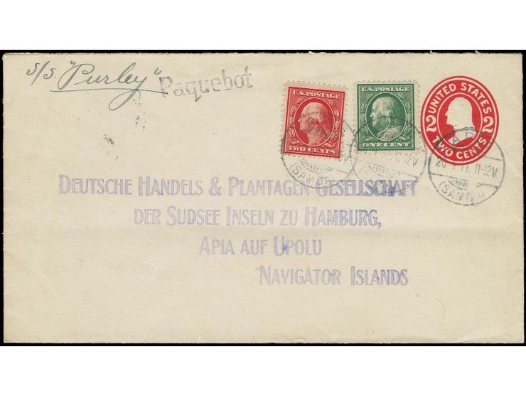 USA, 1908 Washington 1 und 2 C. als Zufrankatur mit Stempel "APIA 20.4.11" auf Ganzsachenumschlag 2 C. mit nebengesetztem L1 