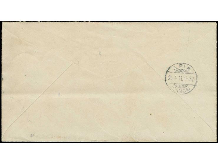 USA, 1908 Washington 1 und 2 C. als Zufrankatur mit Stempel "APIA 20.4.11" auf Ganzsachenumschlag 2 C. mit nebengesetztem L1 