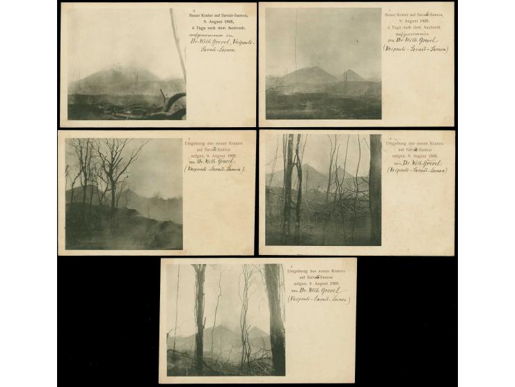1905, 5 verschiedene Fotokarten (Nummer 1 und 3-6) vom neuem Vulkan-Krater bzw. Umgebung auf Savaii, Samoa, jeweils mit hds. 