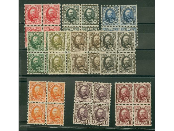 1891, Adolph 10 c.-5 fr. in blocks of 4, one 50 c. small hinge mark, otherwise all unmounted mint, fine