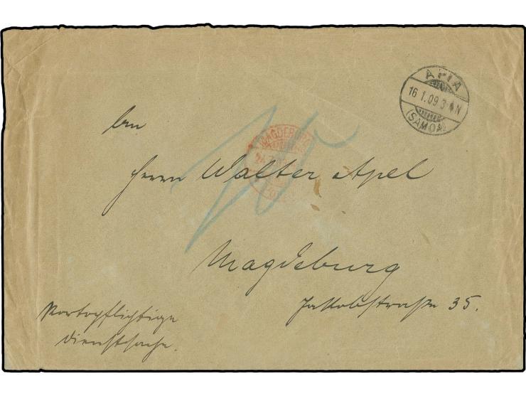 Portopflichtige Dienstsache, unfrankiert ab "APIA 16.1.09" nach Magdeburg, mit Nachporto "20" belastet, rückseitiges Absender
