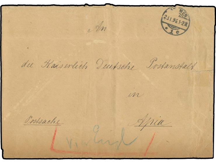 Postsache ab "BREMEN 23.1.96" an die Kaiserlich Deutsche Postanstalt in Apia, über England geleitet, da der deutsche Postabga