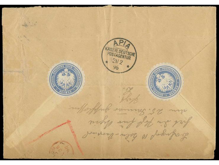 Postsache ab "BREMEN 23.1.96" an die Kaiserlich Deutsche Postanstalt in Apia, über England geleitet, da der deutsche Postabga