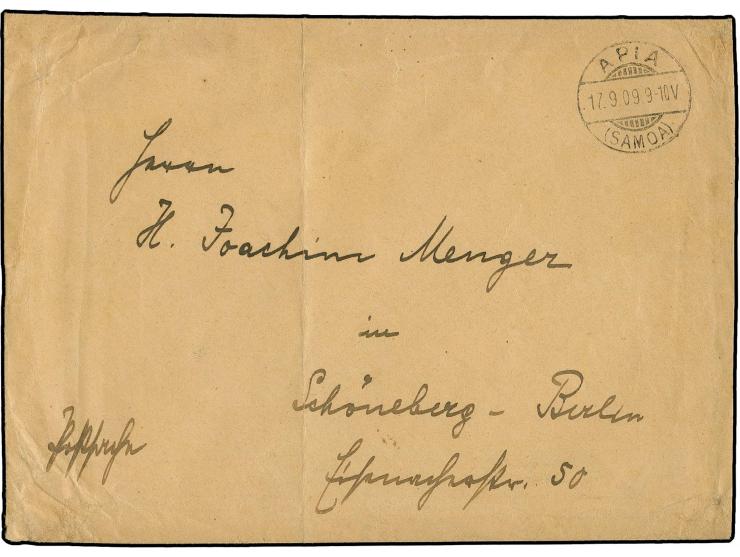1909, Postsache mit Stempel "APIA 17.9." nach Berlin-Schöneberg ohne weitere Vermerke, Umschlag mit Beförderungsspuren, sign.