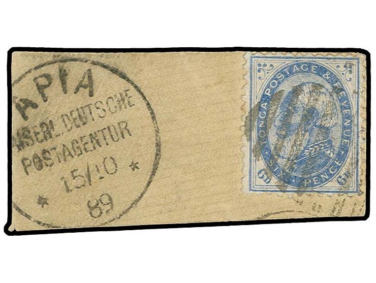 TONGA-INSELN: 1886 König Tupou I 6 P. blau mit Balkenstempel auf Briefstück mit nebengesetzem Stempel  "APIA KAISERL. DEUTSCH