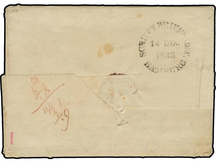 1833, "SCHIFFSBRIEFPOST HAMBURG 14.DEC.1833", klar rückseitig auf kpl. Faltbrief aus St. Thomas (datiert 3.10.) mit verschied